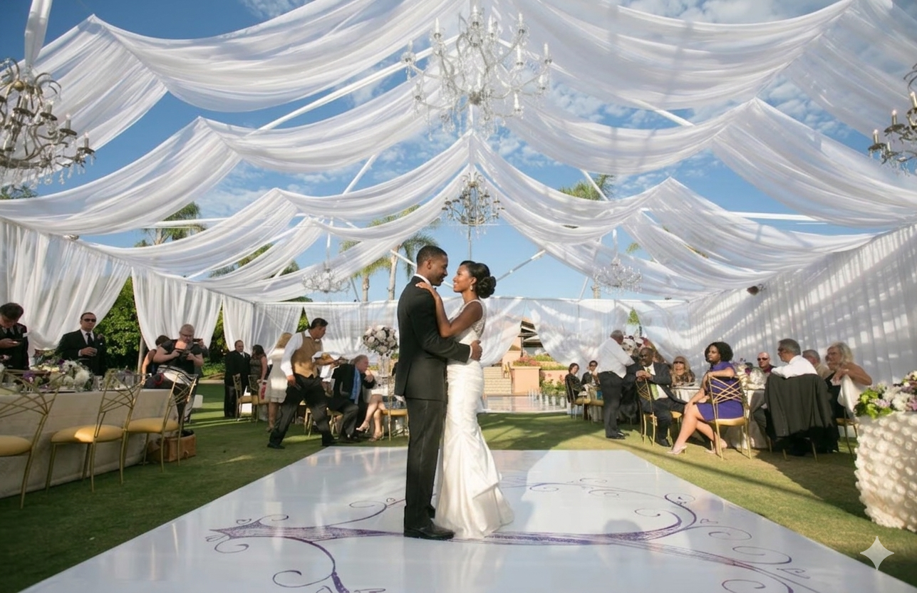 Couple sharing their first dance under draped canopy with chandeliers at an outdoor wedding reception